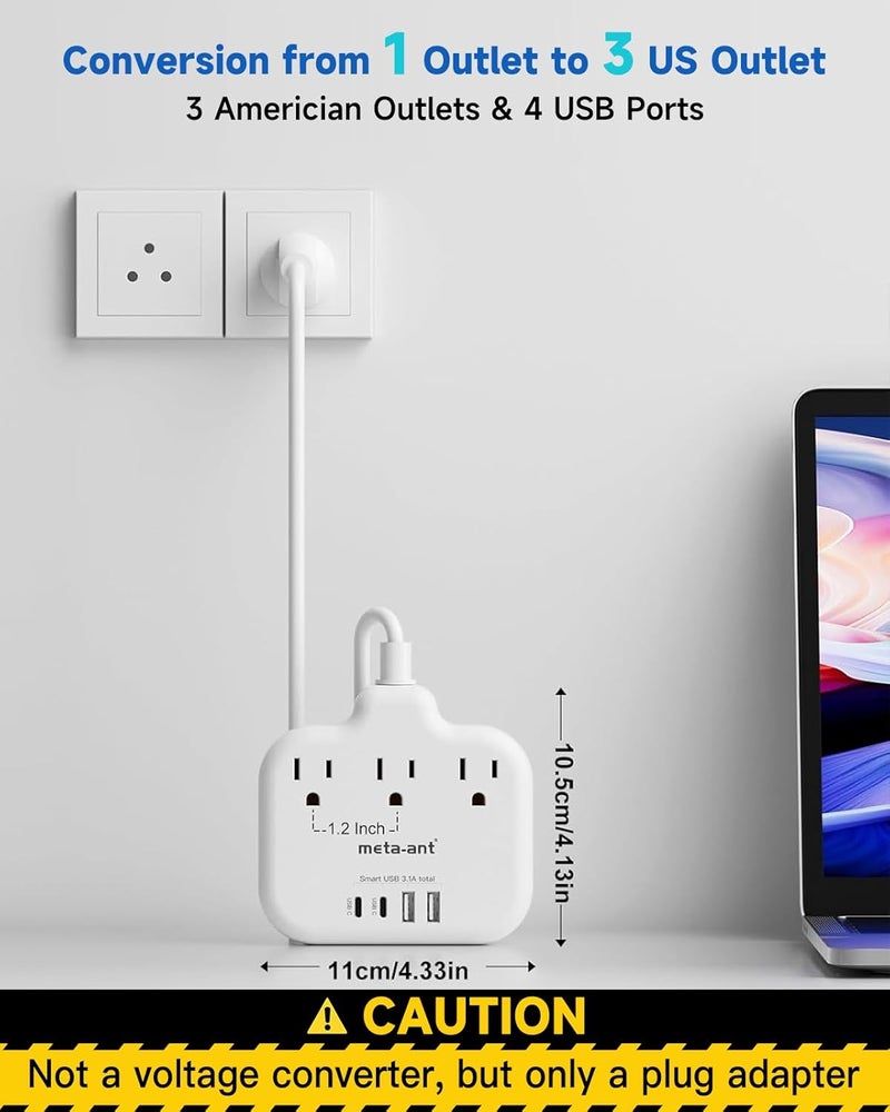 meta-ant Thailand Power Adapter with 4FT Extension Cord, Thailand Plug Adapter with 3 American Outlets 4 USB Ports(2 USB-C), Type O Adapter for US to Thailand - Image 3